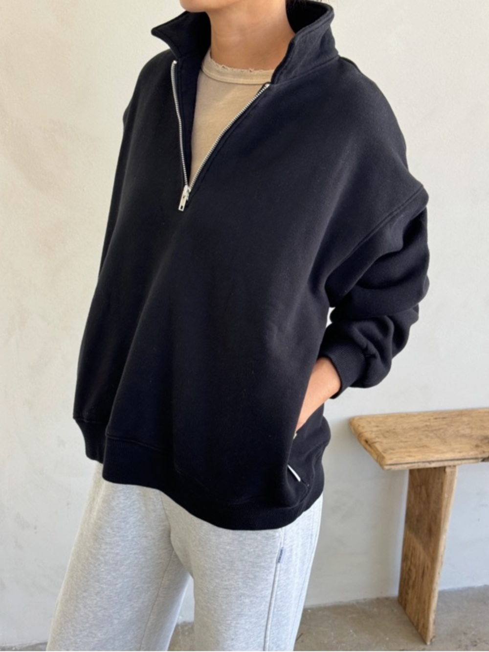 Le Bon Shoppe Noah Top Cotton Sweatshirt Half Zip Size L in Black